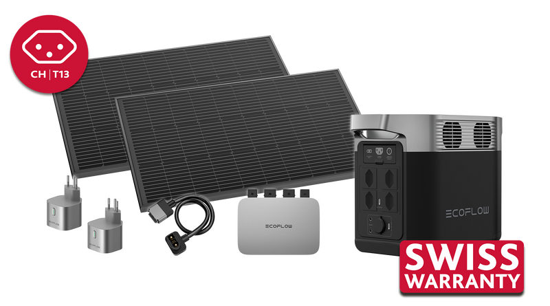 Chargez l'image dans la visionneuse de la galerie, Kit de centrale électrique pour balcon EcoFlow composé d'un onduleur PowerStream de 600 W et de 2 panneaux solaires de 100 W, en plus d'une centrale électrique DELTA 2, de prises intelligentes et d'un câble de raccordement, version CH