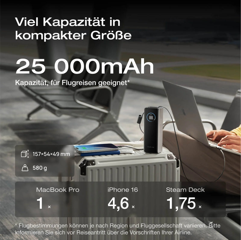 Chargez l&#39;image dans la visionneuse de la galerie, Batterie externe EcoFlow RAPID 25 000 mAh noire | Charge 140 W, décharge jusqu&#39;à 170 W | Câble USB-C rétractable 100 W
