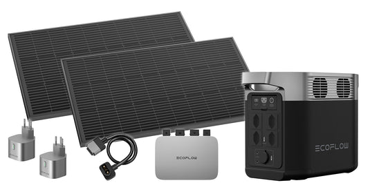 Kit de centrale électrique pour balcon EcoFlow composé d'un onduleur PowerStream de 600 W et de 2 panneaux solaires de 100 W, en plus d'une centrale électrique DELTA 2, de prises intelligentes et d'un câble de raccordement, version CH 