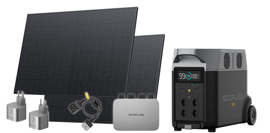 Kit de centrale électrique pour balcon EcoFlow composé d'un onduleur PowerStream de 600 W et de 2 panneaux solaires de 400 W, en plus d'une centrale électrique DELTA Pro, de prises intelligentes et d'un câble de raccordement, version CH 